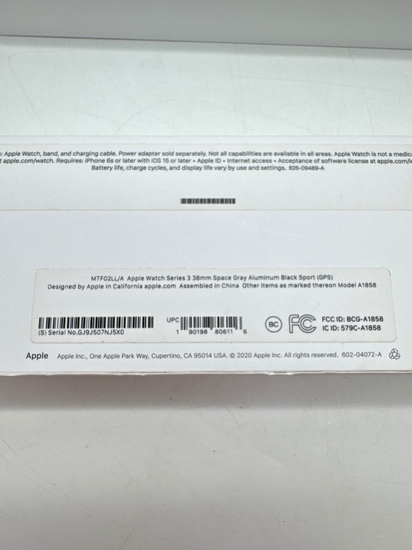 Apple Watch Series 3 A1858 GPS 38mm 8GB Space Gray Sport Band Used With Box