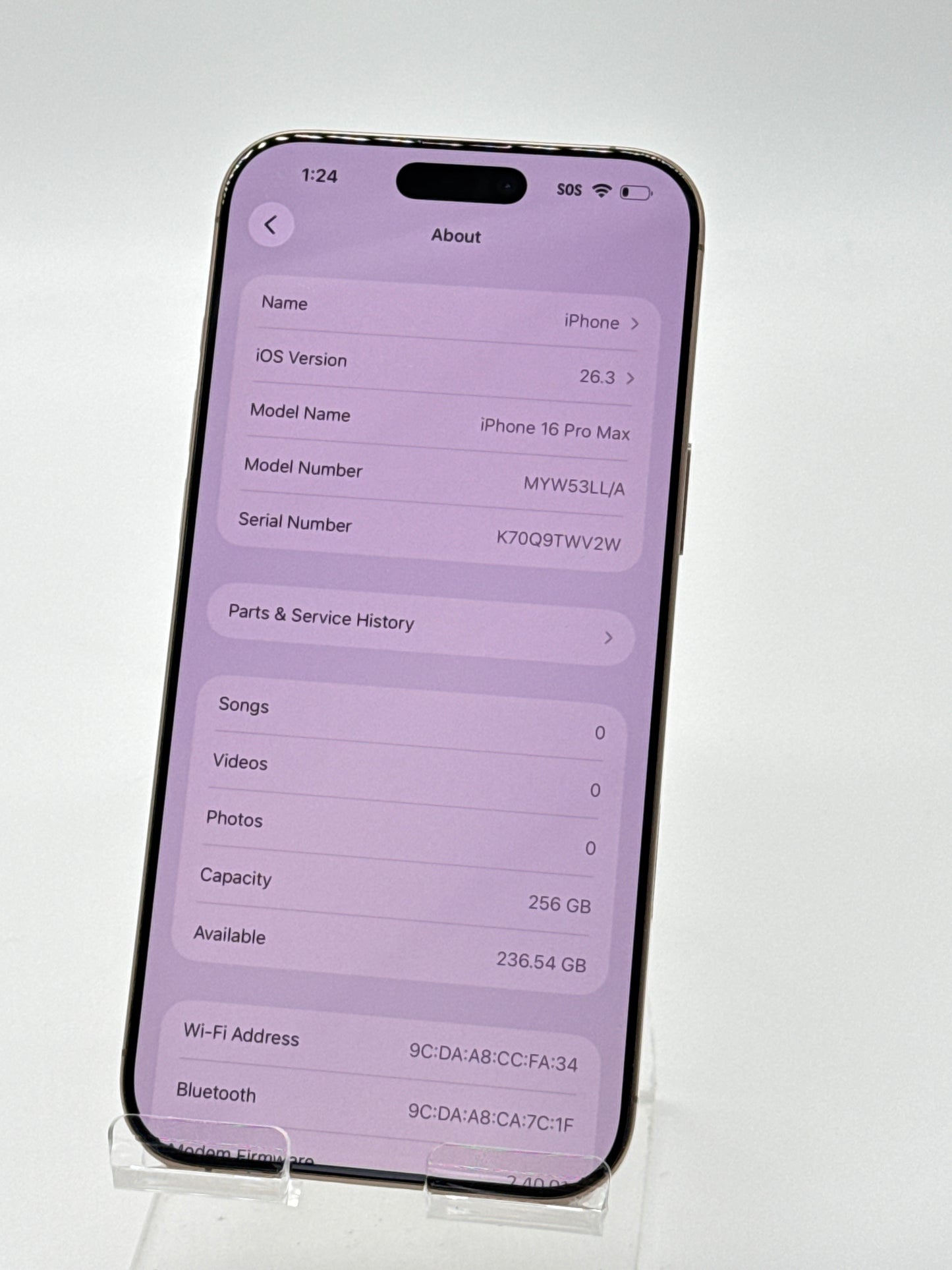 AT&T Apple iPhone 16 Pro Max A3084 256GB Desert Titanium 92% BH - Face ID Issue