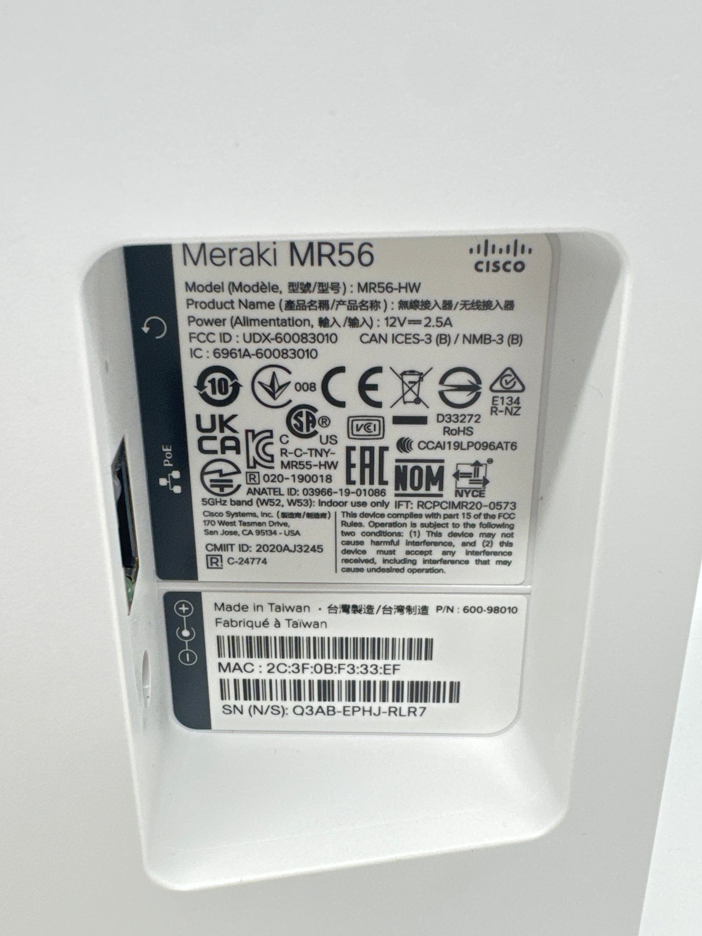 Cisco Meraki MR56-HW WiFi 6 Indoor Wireless Access Point w/ Bracket