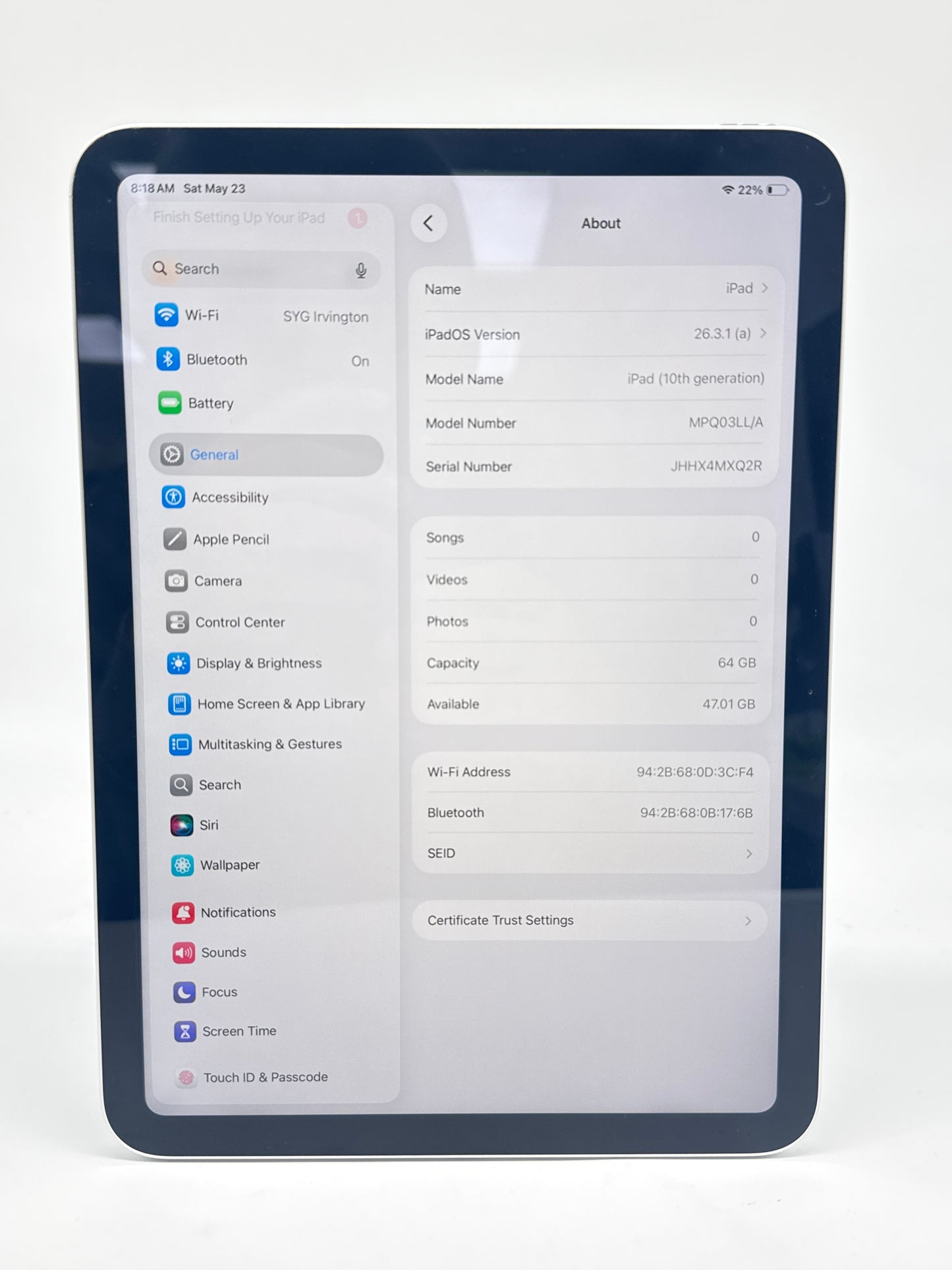 Apple iPad 10th Gen 64GB A2696 Wi-Fi Only Silver