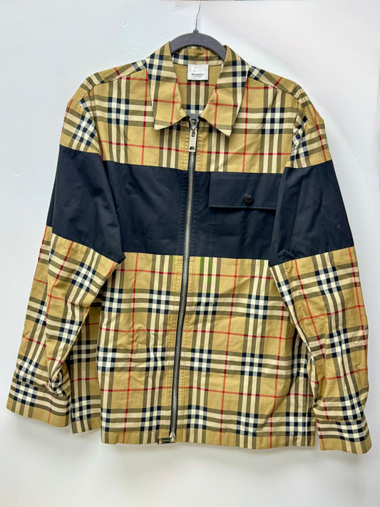 Burberry Contrast Panel Check Zip Cotton Shirt Jacket Beige Nova Check
