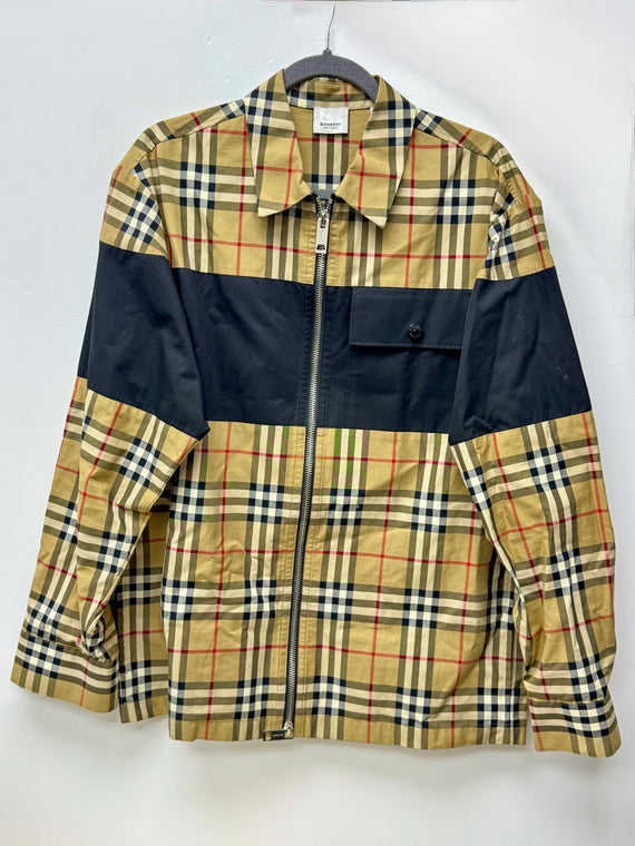 Burberry Contrast Panel Check Zip Cotton Shirt Jacket Beige Nova Check 100% Cotton