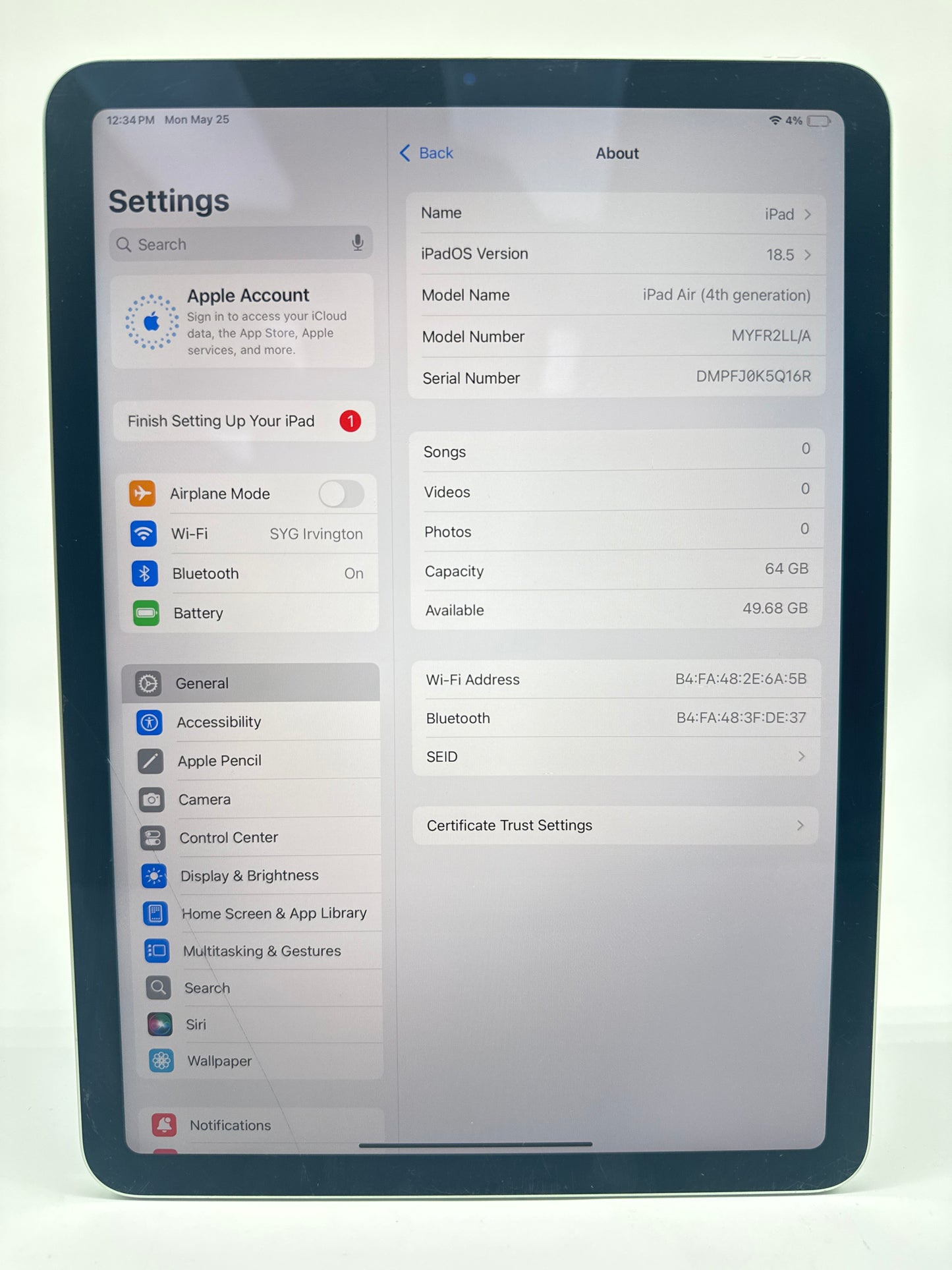 Apple iPad Air 4th Gen 64GB Wi-Fi Only Green A2316 MYFR2LL/A Cracked Screen