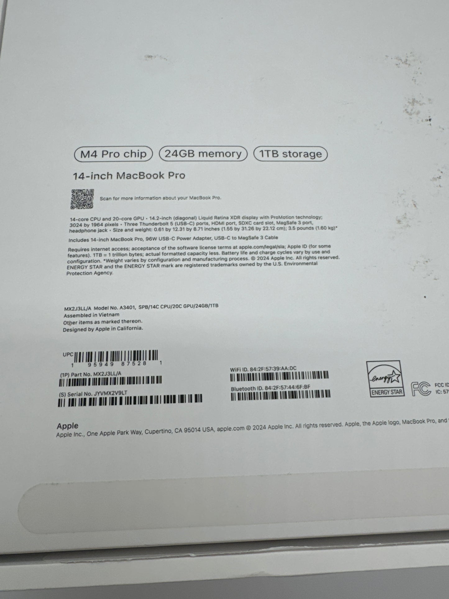 2024 Apple MacBook Pro 14.2" A3401 M4 Pro 14C-CPU 20C-GPU 24GB RAM 1TB SSD