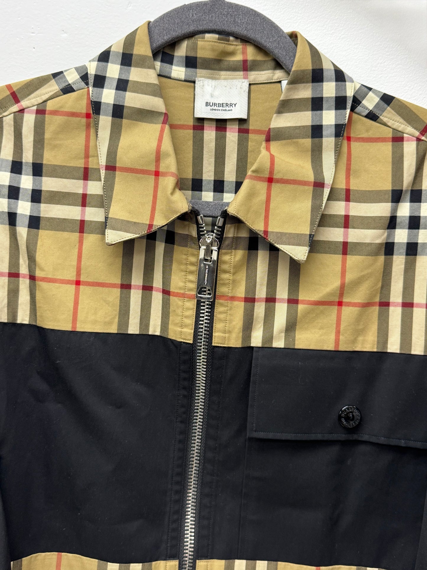 Burberry Contrast Panel Check Zip Cotton Shirt Jacket Beige Nova Check