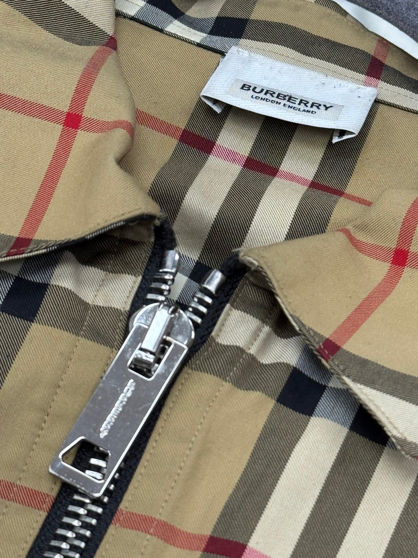 Burberry Contrast Panel Check Zip Cotton Shirt Jacket Beige Nova Check