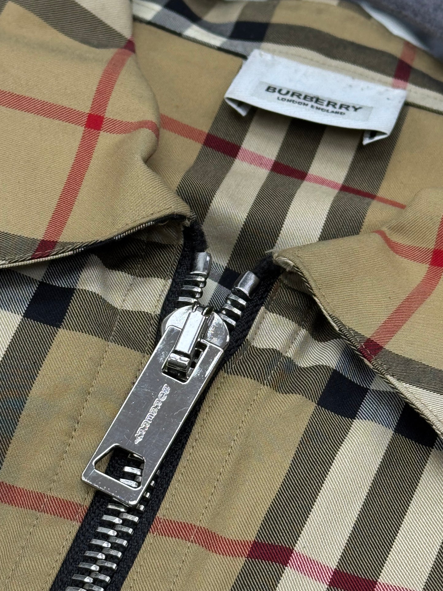 Burberry Contrast Panel Check Zip Cotton Shirt Jacket Beige Nova Check