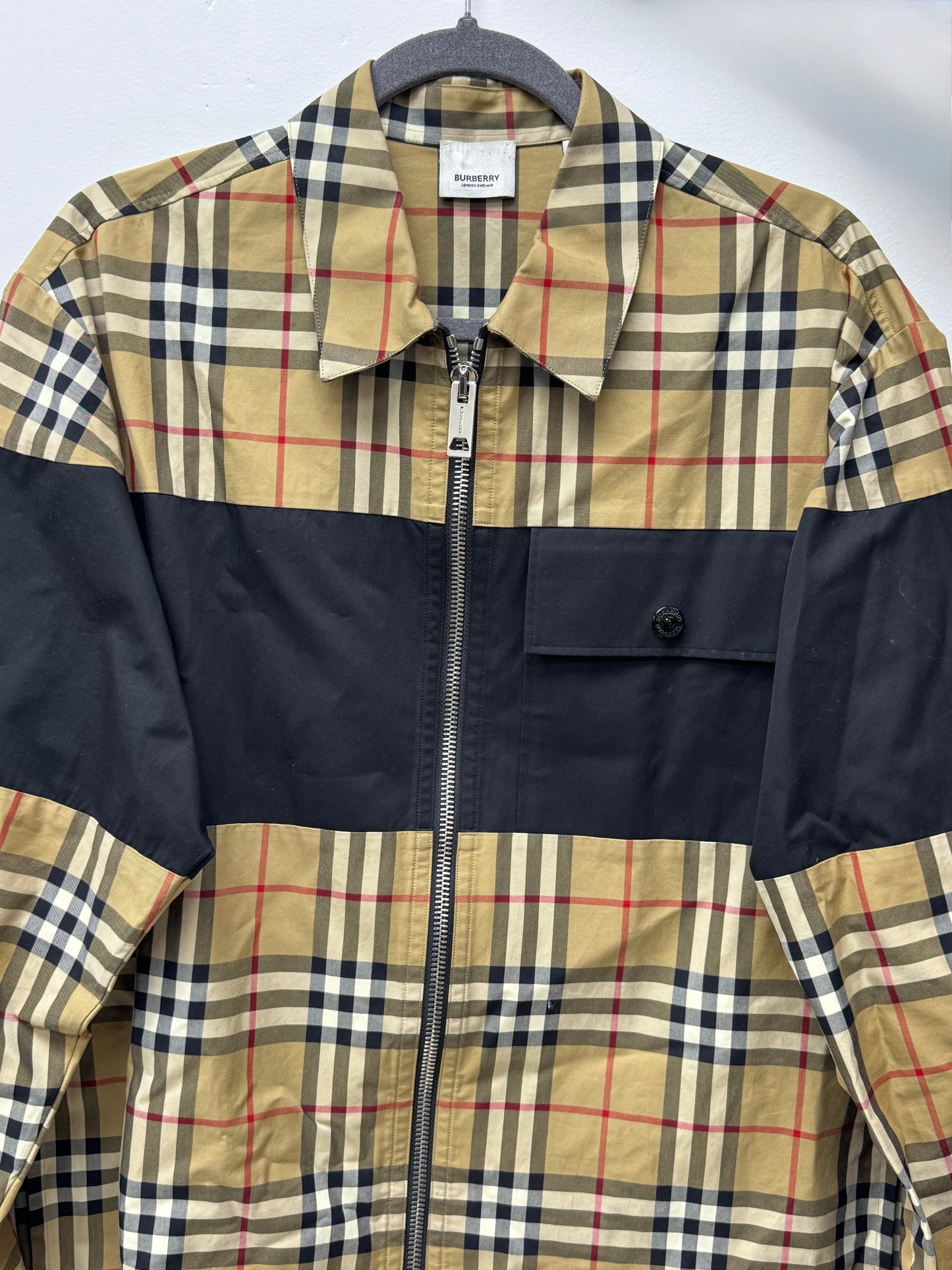 Burberry Contrast Panel Check Zip Cotton Shirt Jacket Beige Nova Check